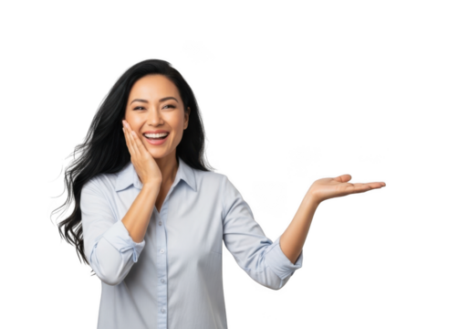 Excited asian woman presenting with open palm, joyful expression, and long black hair, isolated on transparent background - Powered by Adobe