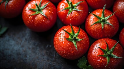 Vibrant dewy red tomatoes with fresh green stems captured in a close up on a dark textured surface embodying natural freshness and culinary potential