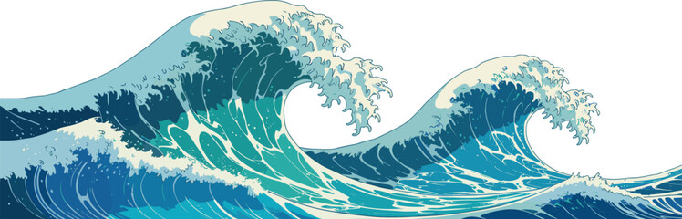 Vector illustration of dramatic ocean waves, inspired by Japanese art, curling sea surf, stylized marine scene perfect for surf, nautical, nature, or beach themes