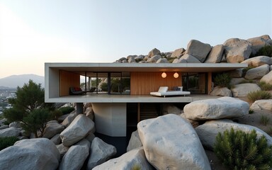 Modern Minimalist House Integrated into Rocky Landscape. High quality