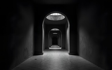 Long Dark Monochrome Archway Hallway Interior. High quality