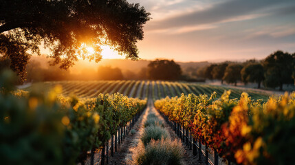 A serene vineyard at sunset, with rows of grapevines stretching into the distance, illuminated by warm golden light.