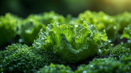 Fresh green lettuce leaves glistening with dew in a garden setting