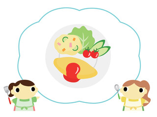 朝食メニューを紹介するエプロン姿の女性　オムレツ