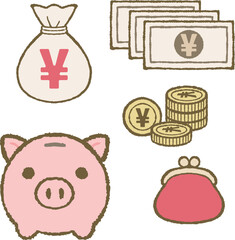 Piggy Bank, Wallet, and Japanese Yen Money Illustration Set