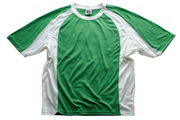 A green and white short-sleeve athletic jersey with a round neckline designed for sports or physical activities.