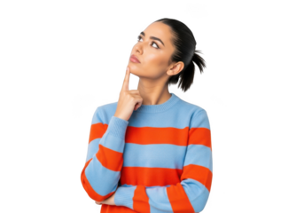 Thoughtful woman looking up with finger on chin posing for portrait photography isolated on transparent background