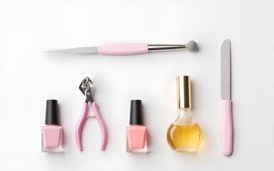 Flatlay of Nail Care Kit with Clipper, File, Polish, and Oil. High quality