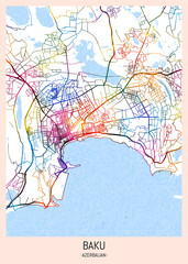 Baku Azerbaijan City Map. downtown tourism, house art travel, scenic metropolis concept, travel art city, patriotic abstract banner