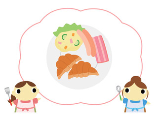 朝食メニューを紹介するエプロン姿の女性　クロワッサン