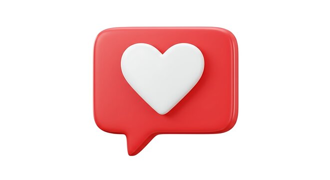 Red speech bubble with white heart 3d render on white background