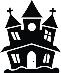 Spooky Haunted House Silhouette with Crooked Windows Halloween Icon