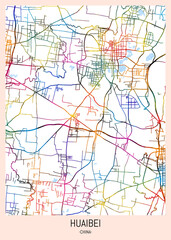 Huaibei China City Map. downtown tourism, house art travel, scenic metropolis concept, travel art city, patriotic abstract banner