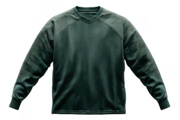 Dark green long-sleeve sports jersey with textured fabric and patterned shoulder and sleeve panels.