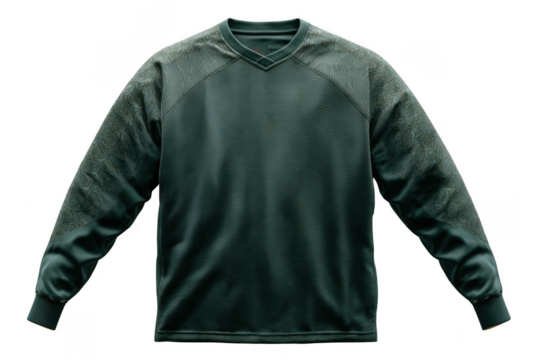 Dark green long-sleeve sports jersey with textured fabric and patterned shoulder and sleeve panels. - Powered by Adobe