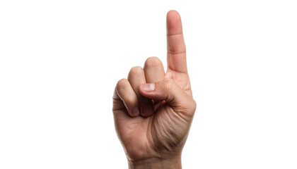 A human hand with finger up, showing the victory gesture on a white background.