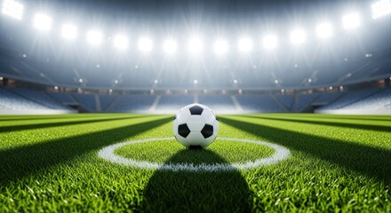 Fototapeta premium Illustration of soccer ball on the center circle of a brightly lit stadium field, ready for the start of an exciting football match