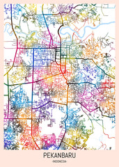 Obraz premium Pekanbaru Indonesia City Map. downtown tourism, house art travel, scenic metropolis concept, travel art city, patriotic abstract banner