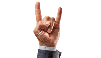 Man’s hand showing okay, victory, and peace signs on white background.