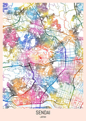Sendai Japan City Map. downtown tourism, house art travel, scenic metropolis concept, travel art city, patriotic abstract banner