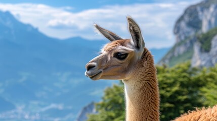 Llama with Long Neck and Ears Standing in Mountain Landscape Under Blue Sky