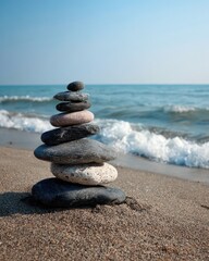 Fototapeta premium Stacked Stones On Sandy Beach By Ocean