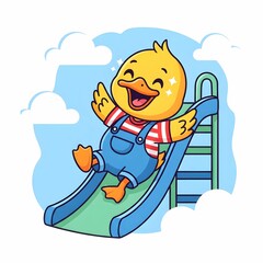 Cute duck having fun on a slide at playground