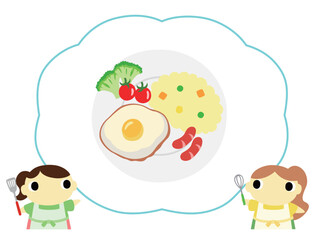 朝食メニューを紹介するエプロン姿の女性　目玉焼き