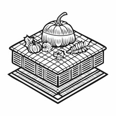 A classic vintage line art illustration of a Thanksgiving centerpiece with a large pumpkin on a checkered lattice pie and autumn leaves