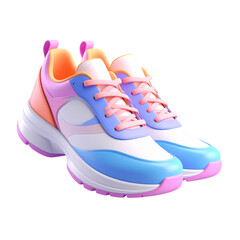 a close up of a pair of sneakers with a pink and blue shoelace