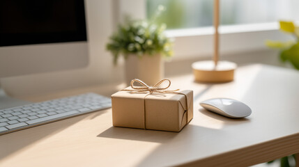 Minimalist eco friendly gift box with rustic string on modern workspace desk