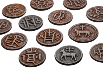 Oxidized ancient iron coins with faded symbols, scattered on white background. Macro, soft studio light, shallow DOF, enduring history and forgotten civilizations