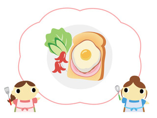 朝食メニューを紹介するエプロン姿の女性　目玉焼きトースト