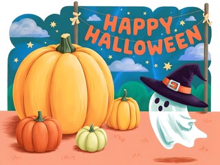 A cute ghost wearing a witch hat floats happily beside big pumpkins under a starry night sky, creating a cheerful and festive Halloween scene.