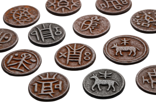 Oxidized ancient iron coins with faded symbols, scattered on white background. Macro, soft studio light, shallow DOF, enduring history and forgotten civilizations