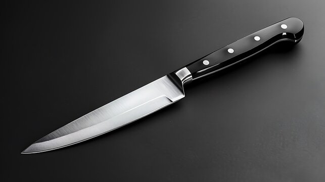 Sharpened steel kitchen knife with black handle and textured blade