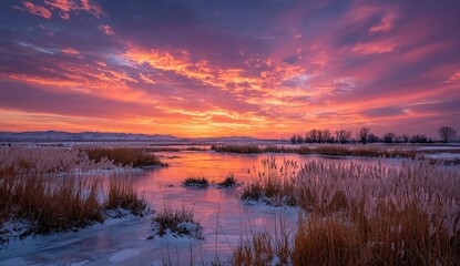 Obraz premium a vibrant pink and purple sunset over an icy marshland, with tall reeds swaying in the breeze as snow-covered fields add to its beauty