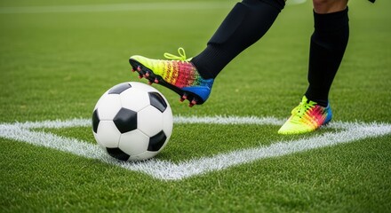 Obraz premium Illustration of soccer player kicking the ball from the corner with colorful shoes on green grass and white lines during a game