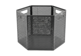 Pristine dark matte gray perforated steel hexagonal storage container with minimalist handles, isolated on a transparent background, high-key lit, concept of urban efficiency