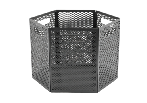 Pristine dark matte gray perforated steel hexagonal storage container with minimalist handles, isolated on a transparent background, high-key lit, concept of urban efficiency