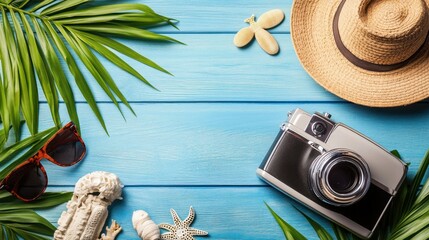 Vintage Camera and Travel Accessories on Tropical Background