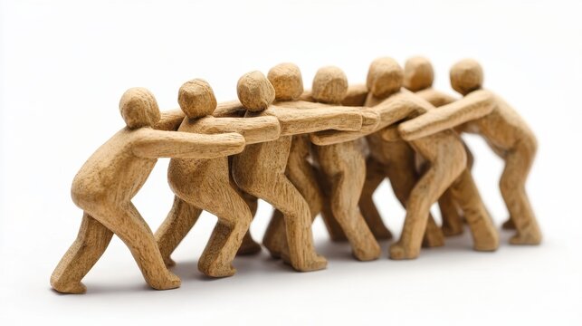 Teamwork and Cooperation Concept with Wooden Figurines Pulling Together