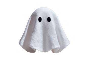 A white ghost figure with black oval eyes, resembling a classic cartoon or Halloween costume, floating with a textured fabric-like appearance.
