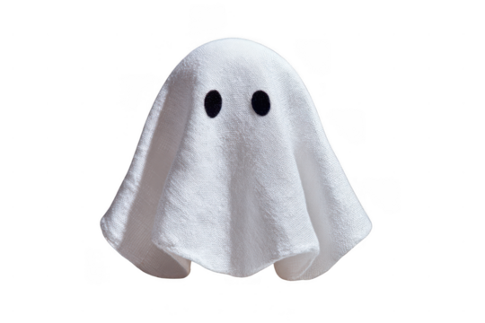 A white ghost figure with black oval eyes, resembling a classic cartoon or Halloween costume, floating with a textured fabric-like appearance.