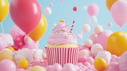 Colorful Balloon Party Scene with Cupcake and Sweet Treats