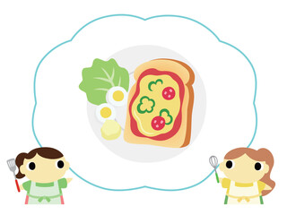 朝食メニューを紹介するエプロン姿の女性　ピザトースト