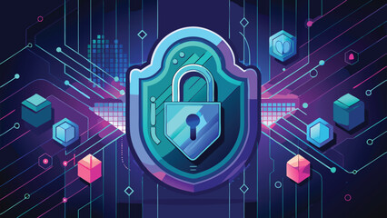 Obraz premium Digital cybersecurity concept illustrating data protection and network security with locked shield icon and circuitry