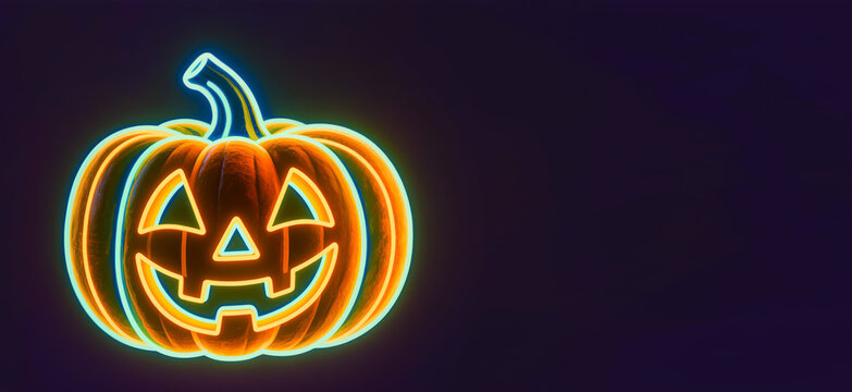 Glowing neon pumpkin jack o lantern on dark. Illustration for halloween, october holiday and seasonal decoration.