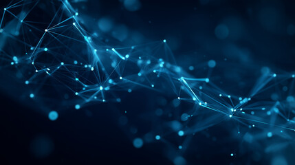 Neon AI network nodes with glowing lines on dark blue