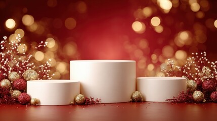 Elegant Christmas Celebration Podiums with Red Background and Decor